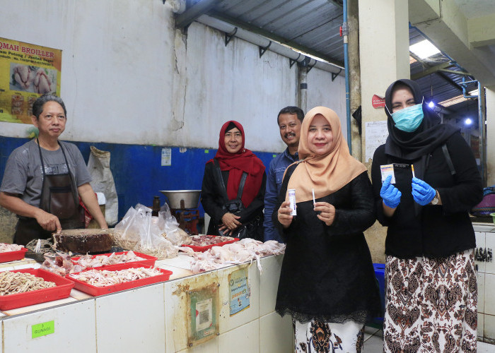 CEK KUALITAS: Kepala DKPPP Elmi Masruroh, menunjukan hasil cek kualitas ayam potong dan ikan laut, yang dijual di pasar tradisional. Hasilnya aman untuk dikonsumsi.