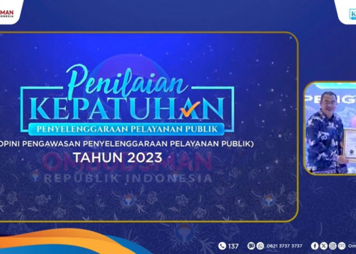 APRESIASI: Pj Walikota Agus Mulyadi menerima penghargaan Predikat Penilaian Kepatuhan Penyelenggaraan Pelayanan Publik (Opini Pengawasan Penyelenggaraan Pelayanan Publik) Tahun 2023, dari Ombudsman RI.