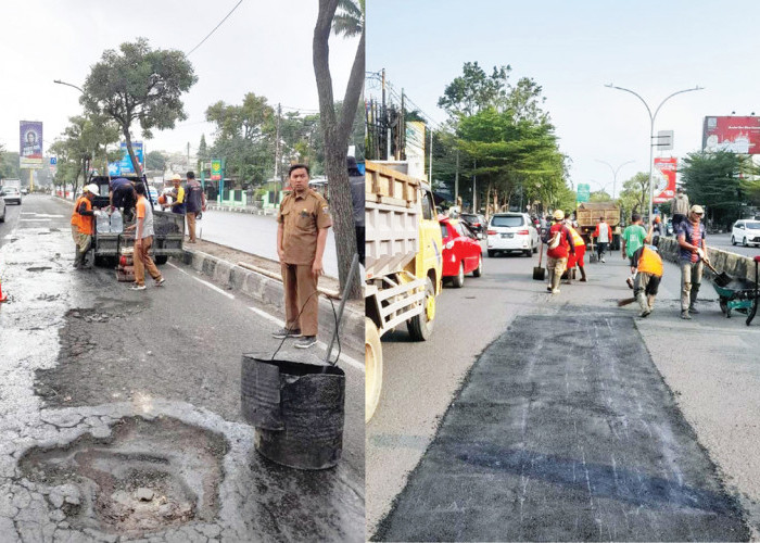 RESPONSIF: Lubang kecil pada Jalan Cipto, mengganggu berkendara (before). DPUTR cepat tanggap melakukan perbaikan secara optimal.  Peningkatan infrastuktur tersebut, bagian dari bentuk nyata pelayanan pemerintah (after).