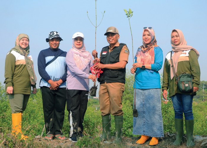 SIMBOLIS: Sekretaris BKPSDM Eriza disaksikan Kepala DLH Yuni Darti, simbolis menyerahkan 200 pohon mangrove dari PPPK kepada Camat Kejaksan Uyung Heru Utomo dan Lurah Kebon Baru Sufi Pelangi Jiwa.